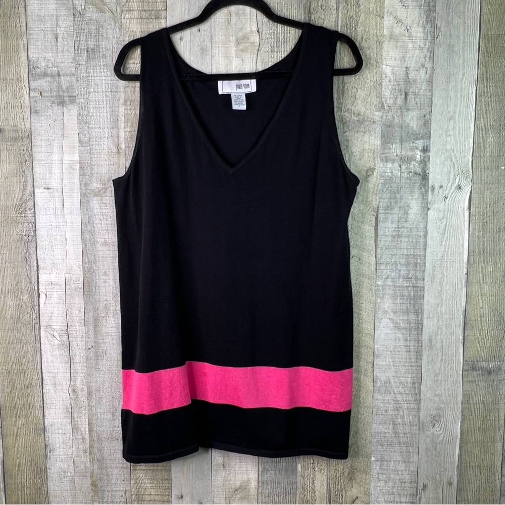 Joan Vass Size 3 V-Neck Sleeveless Tank Tunic Sweater Black & Pink Grandma Core
